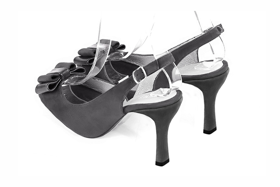 Dark grey women's slingback sandals. Round toe. High spool heels. Rear view - Florence KOOIJMAN